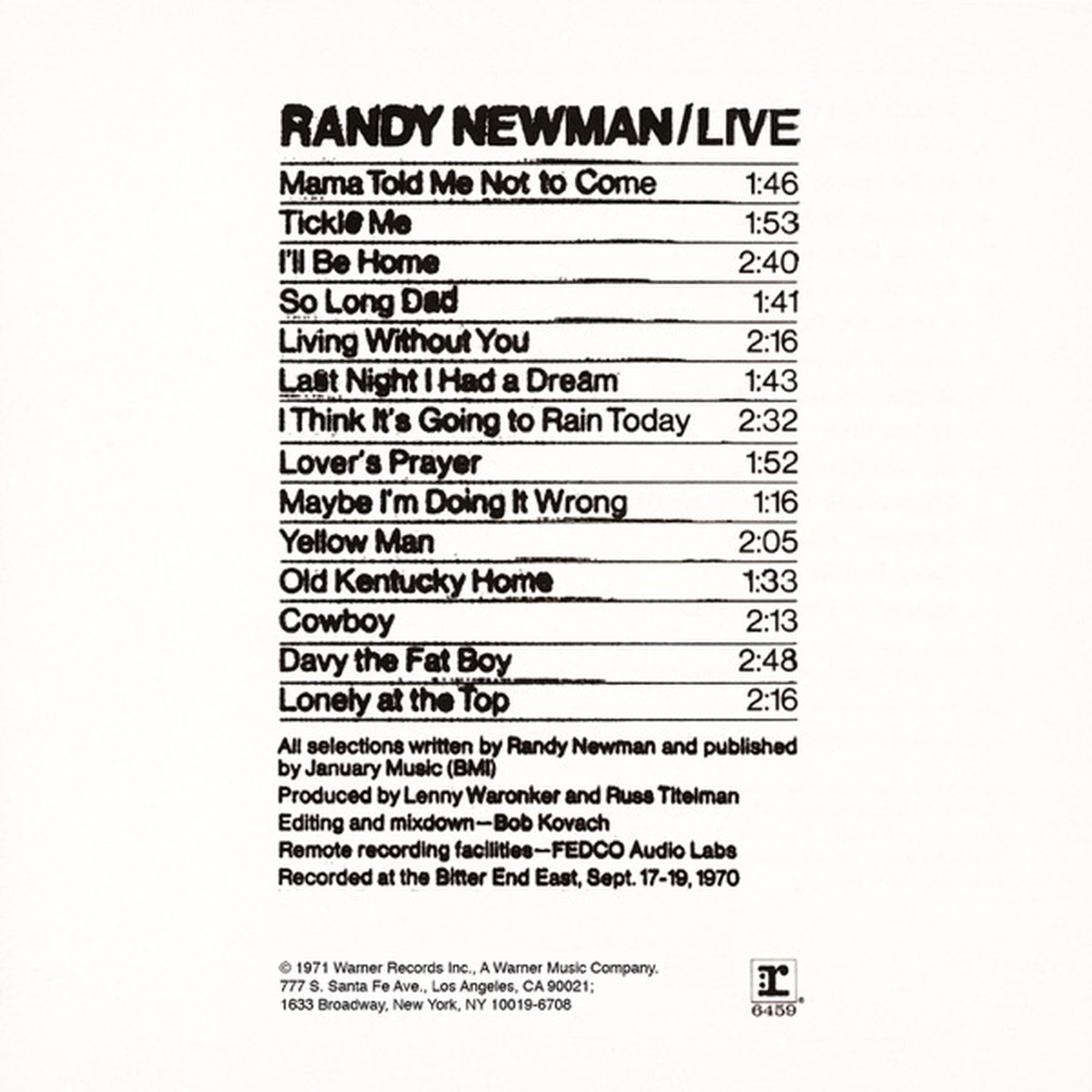 Randy Newman Live by Randy Newman